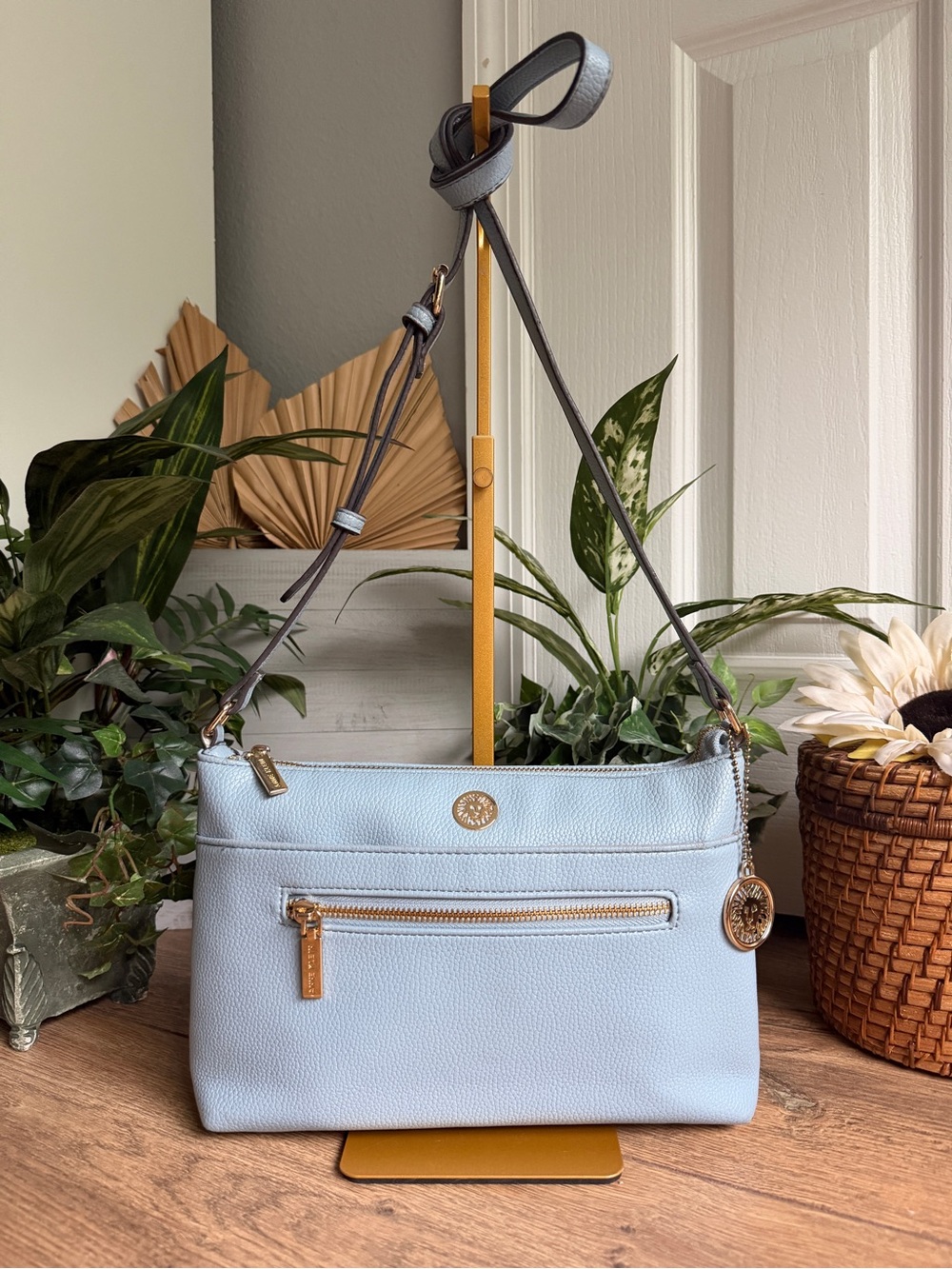 Anne Klein Light Blue Vegan Pebbled Leather Classic Crossbody Shoulder Bag - Picture 3 of 14